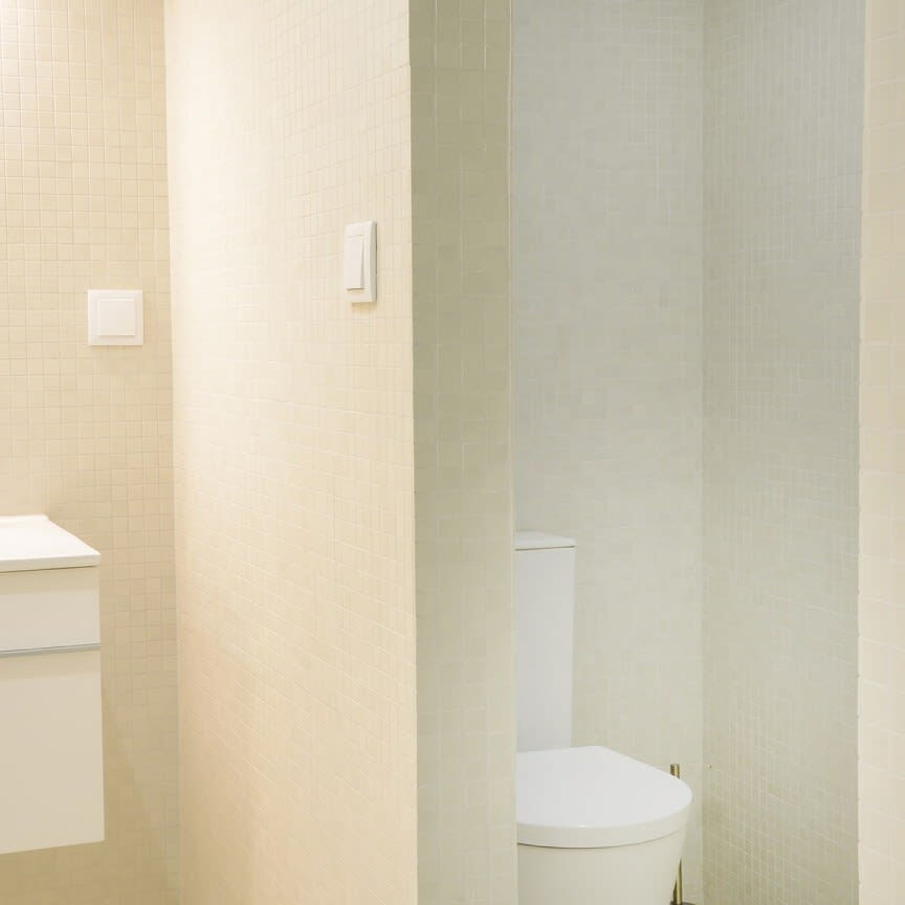 A bathroom with a toilet, a sink, and a towel hanging on the wall.