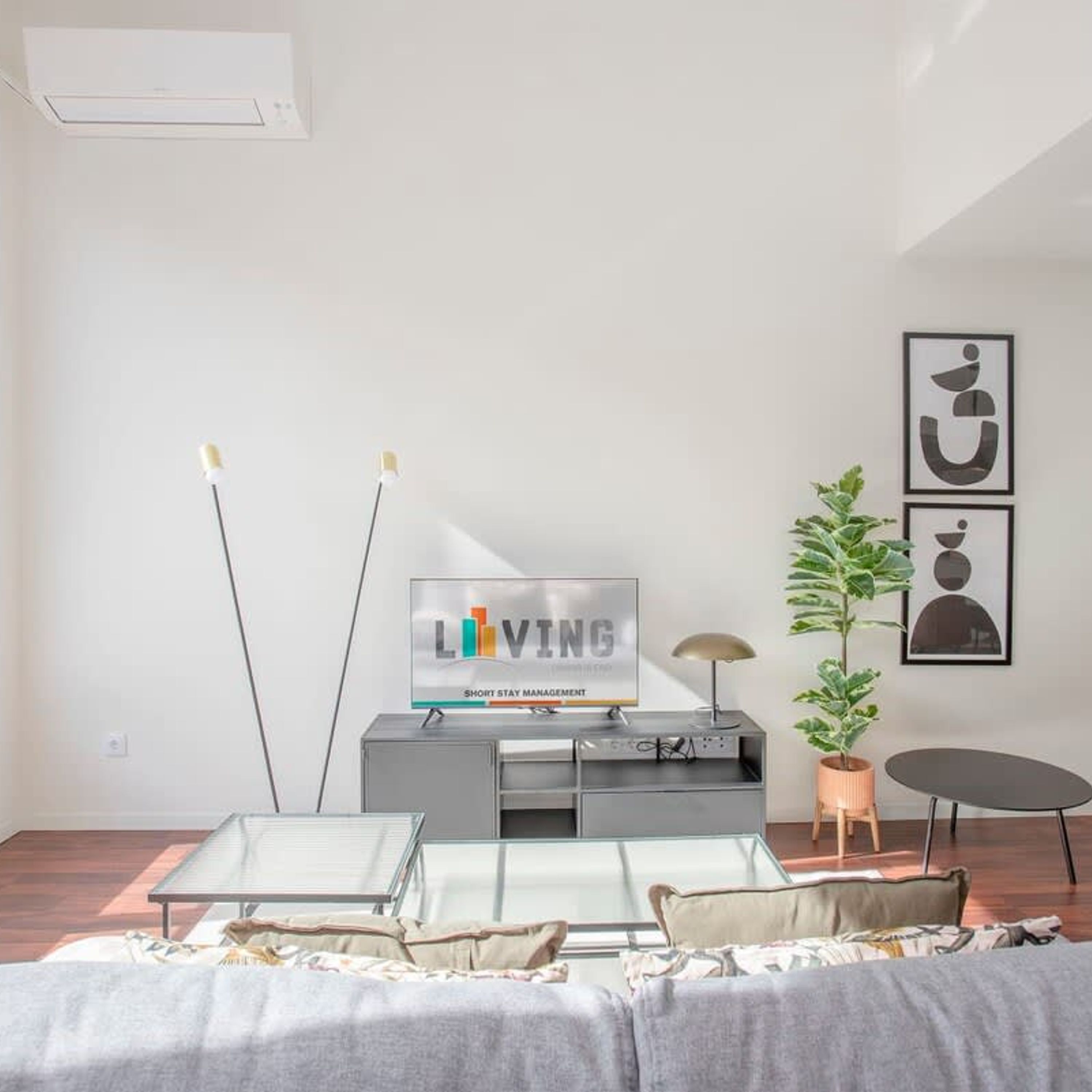 A modern living room with a flat-screen TV on a grey cabinet, a glass coffee table, a sofa, a potted plant, and abstract wall art.