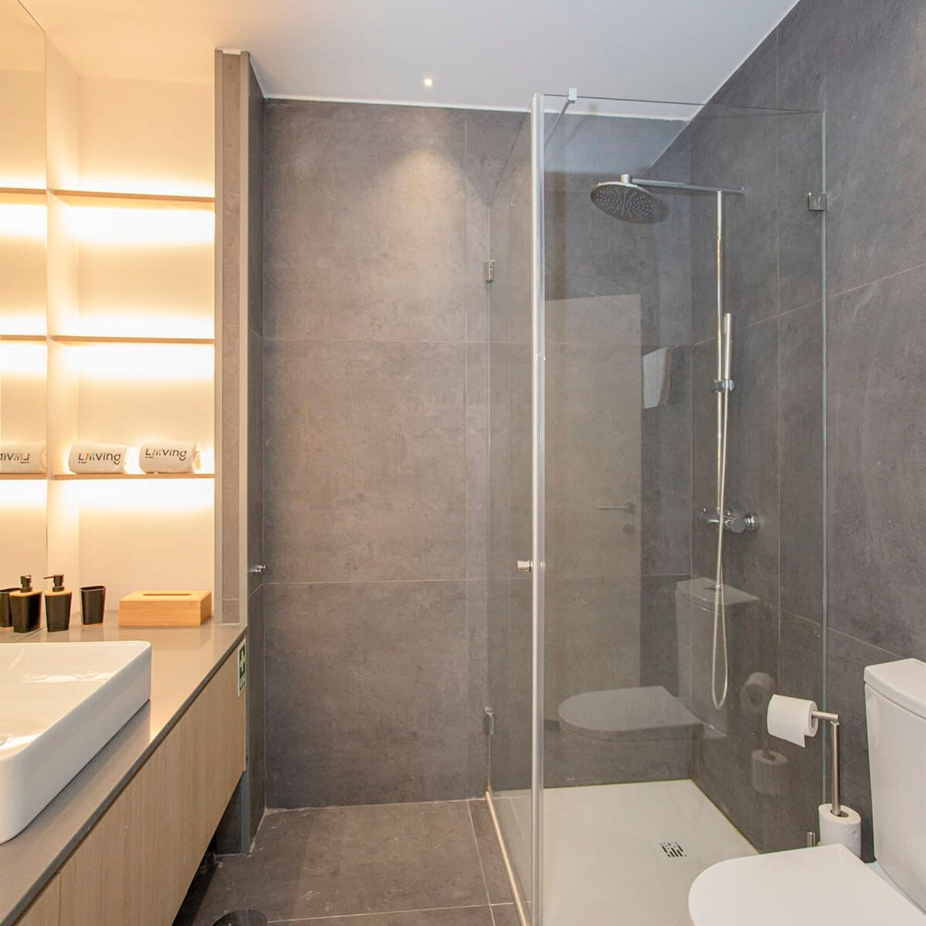 A modern bathroom with a glass-enclosed shower, a white sink, and a toilet.