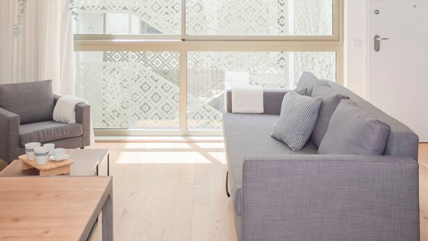 A modern living room with a grey sofa, a wooden coffee table, and a hanging plant. - NAX Apartment D by Liiiving (Porto)