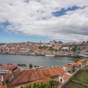 A cityscape with a river, historic buildings, and a bridge.