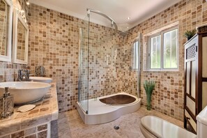 Shower, hair dryer, bidet, towels