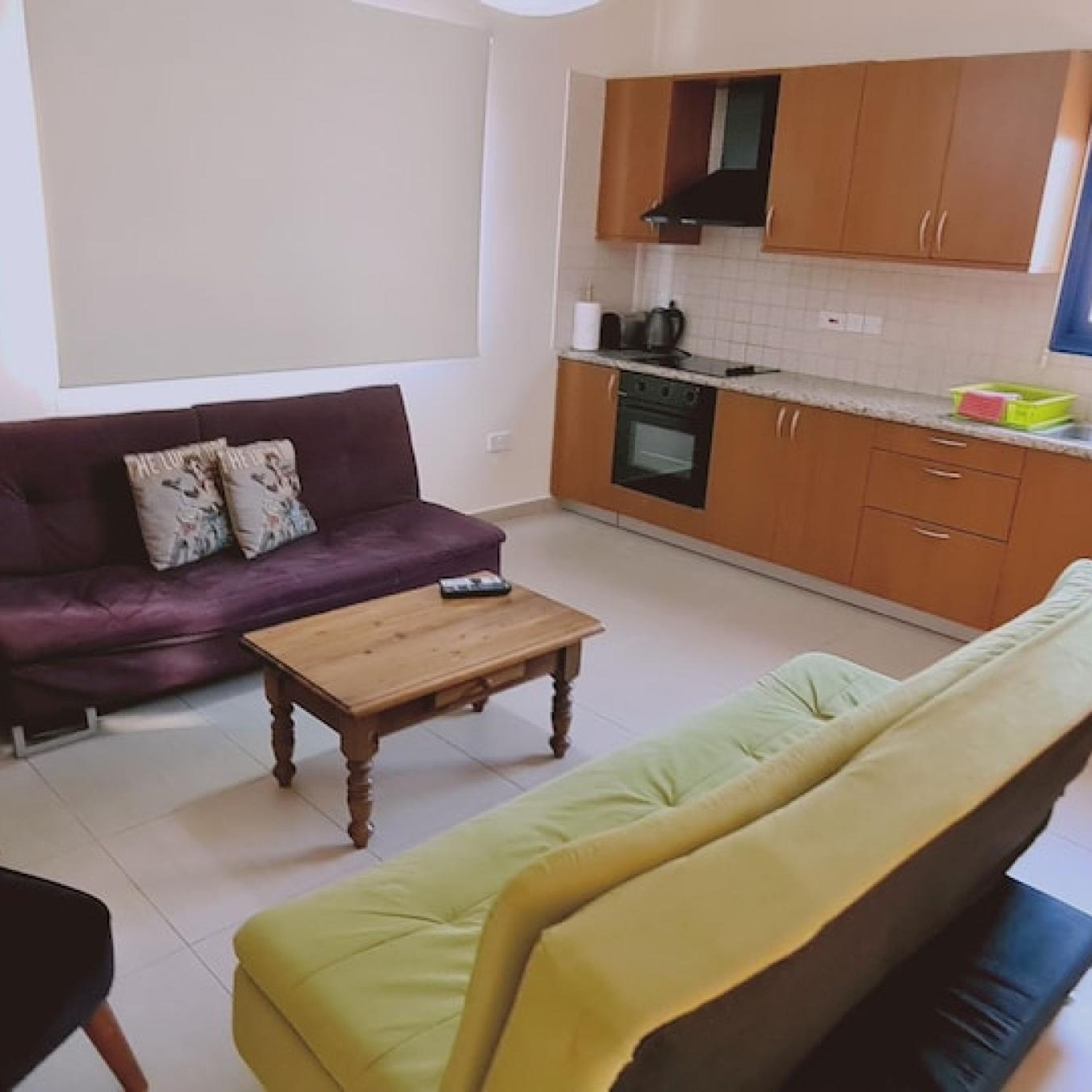 Ein Wohnzimmer mit einer Couch, einem Couchtisch und einem grünen Sofa. Es gibt eine Küchenzeile mit Holzausbau und einem Herd.