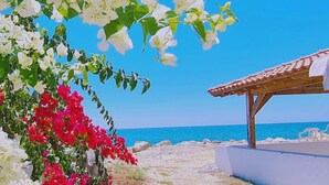 Une vue sur la plage, avec un bâtiment blanc et une pergola en bois surplombant la mer.