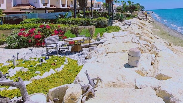 Un hôtel situé en bord de mer, doté d’une promenade de sable, de palmiers et offrant une vue dégagée sur l’océan.