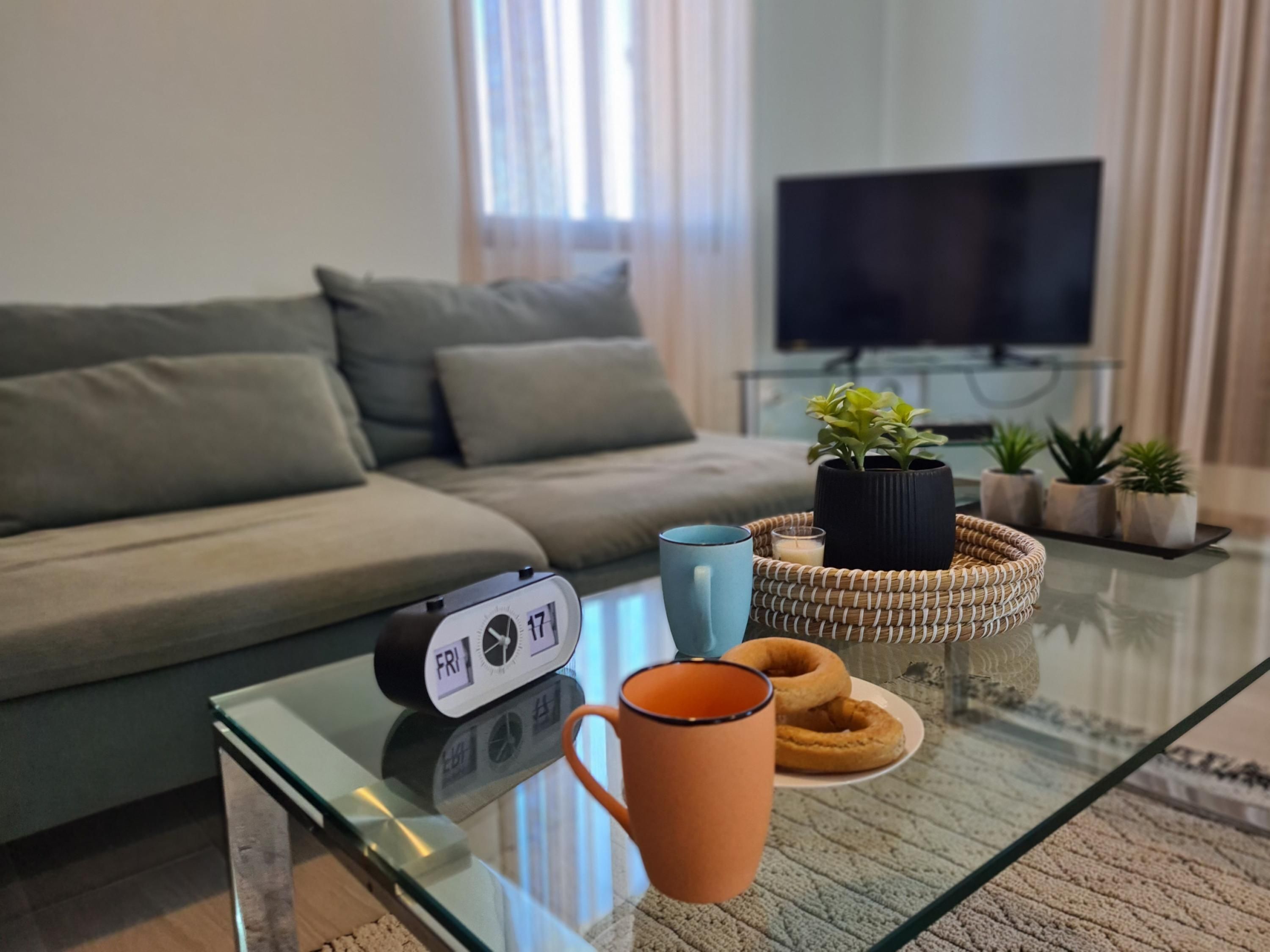 A living room with a sofa, a coffee table with a clock, a TV, and some plants.