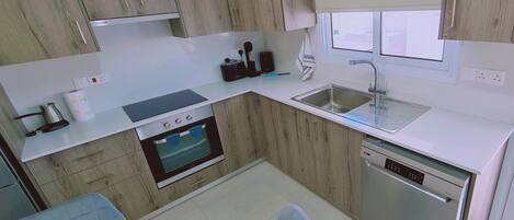 A modern kitchen with a built-in oven, dishwasher, and a double sink.