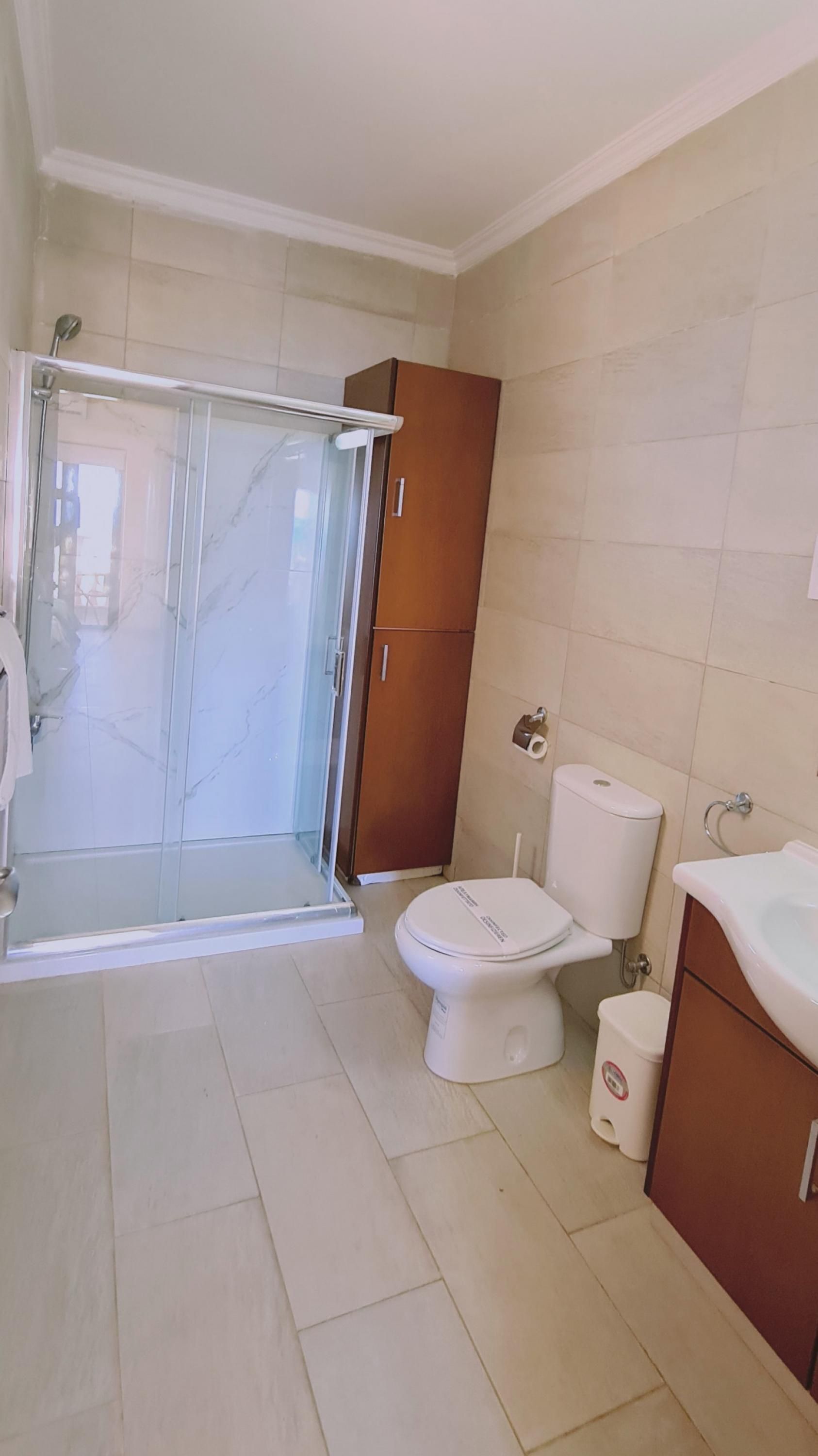 A bathroom with a glass shower enclosure, a toilet, a sink, and a cabinet.