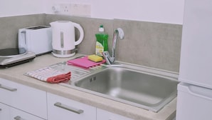 A kitchen with a stainless steel sink, a white kettle, a toaster, and a bottle of dish soap.