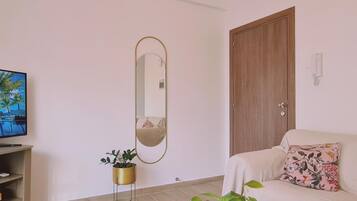 A living room with a white sofa, a coffee table with a plant, a TV on a stand, a wooden door, and a large mirror on the wall.