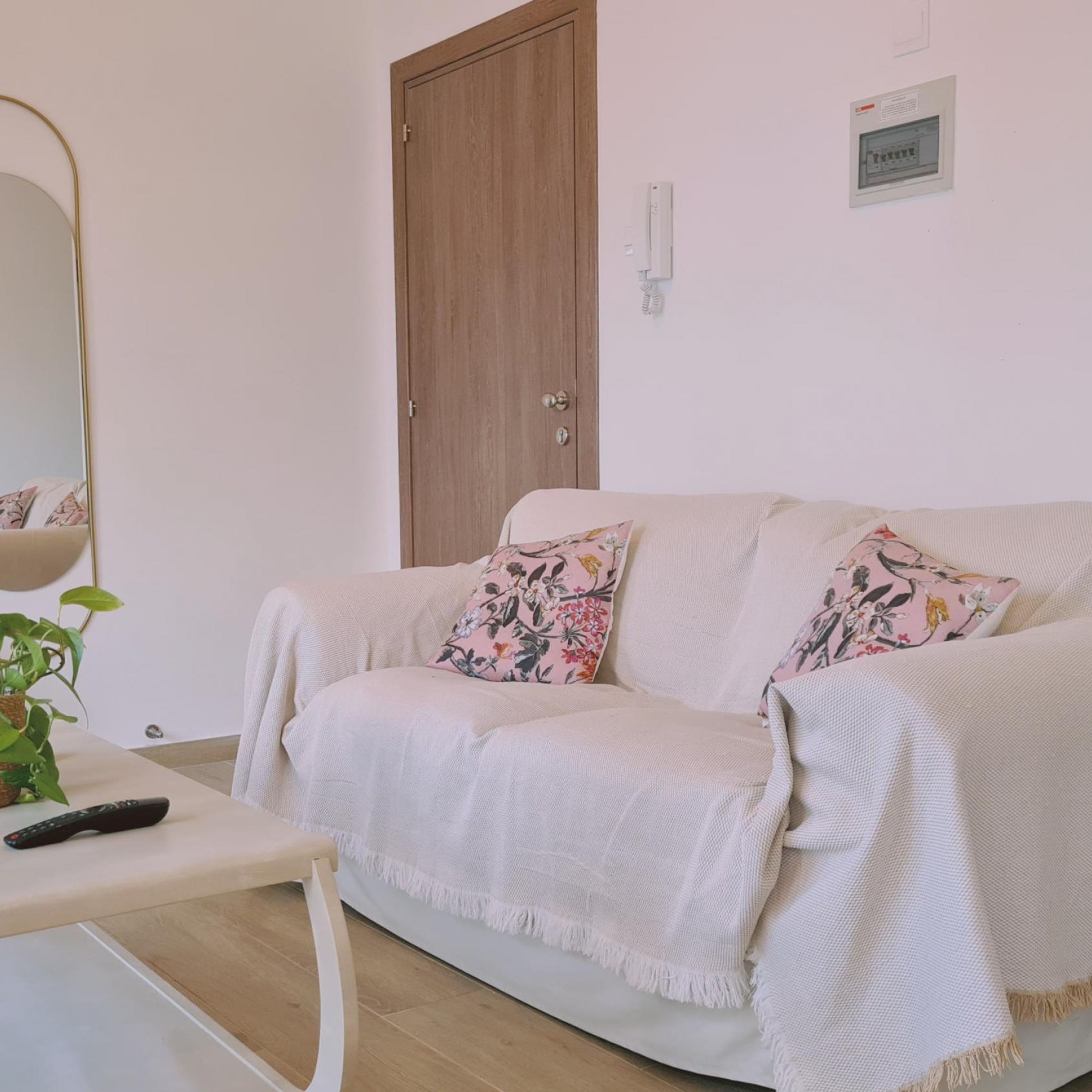 A living room with a beige sofa, two floral cushions, a remote control, and a small table with a plant.