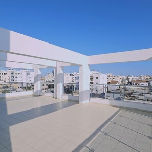 A spacious rooftop terrace with a clear view of the cityscape.