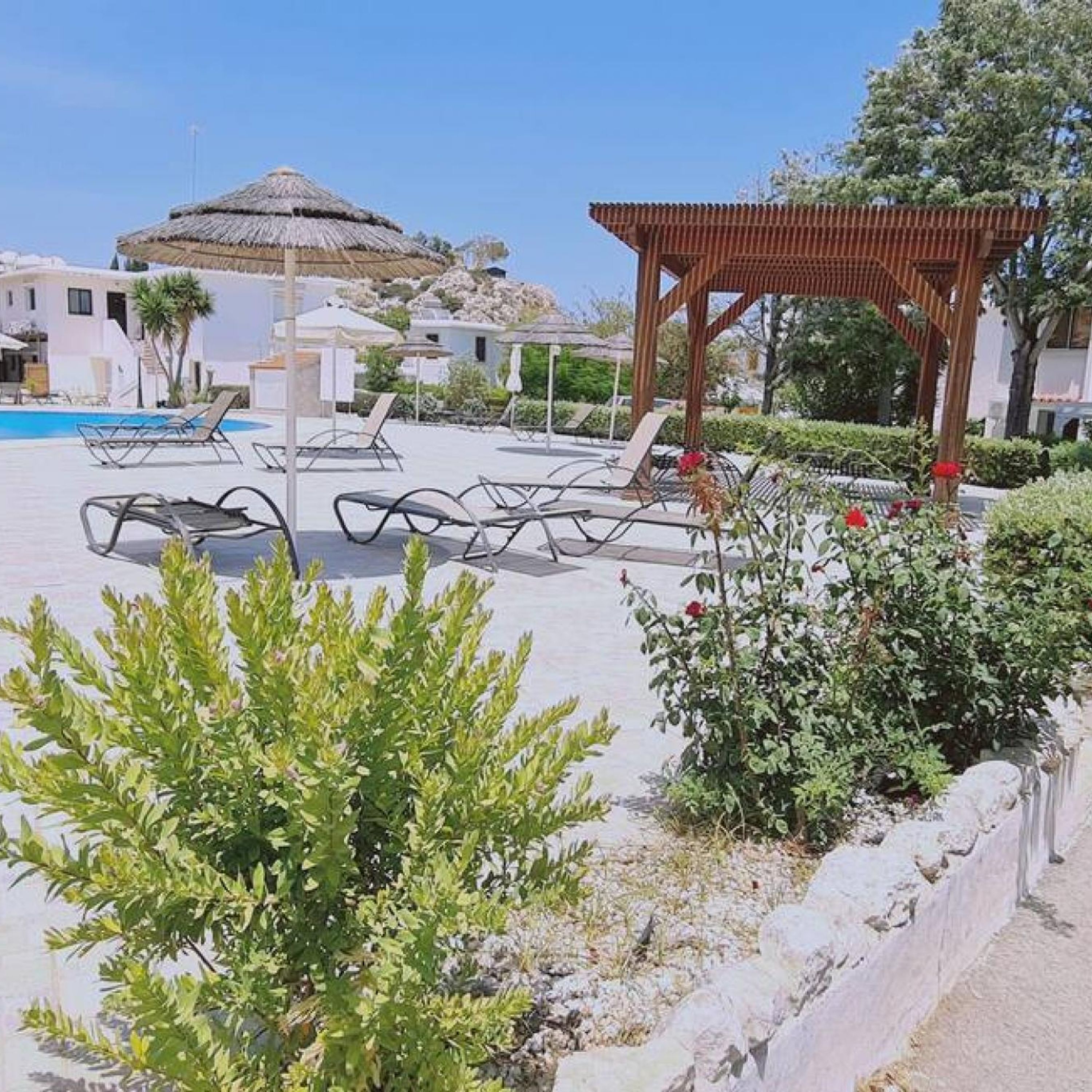 Ett poolområde vid semesteranläggningen med solstolar, en träpergola och en byggnad med halmtak.
