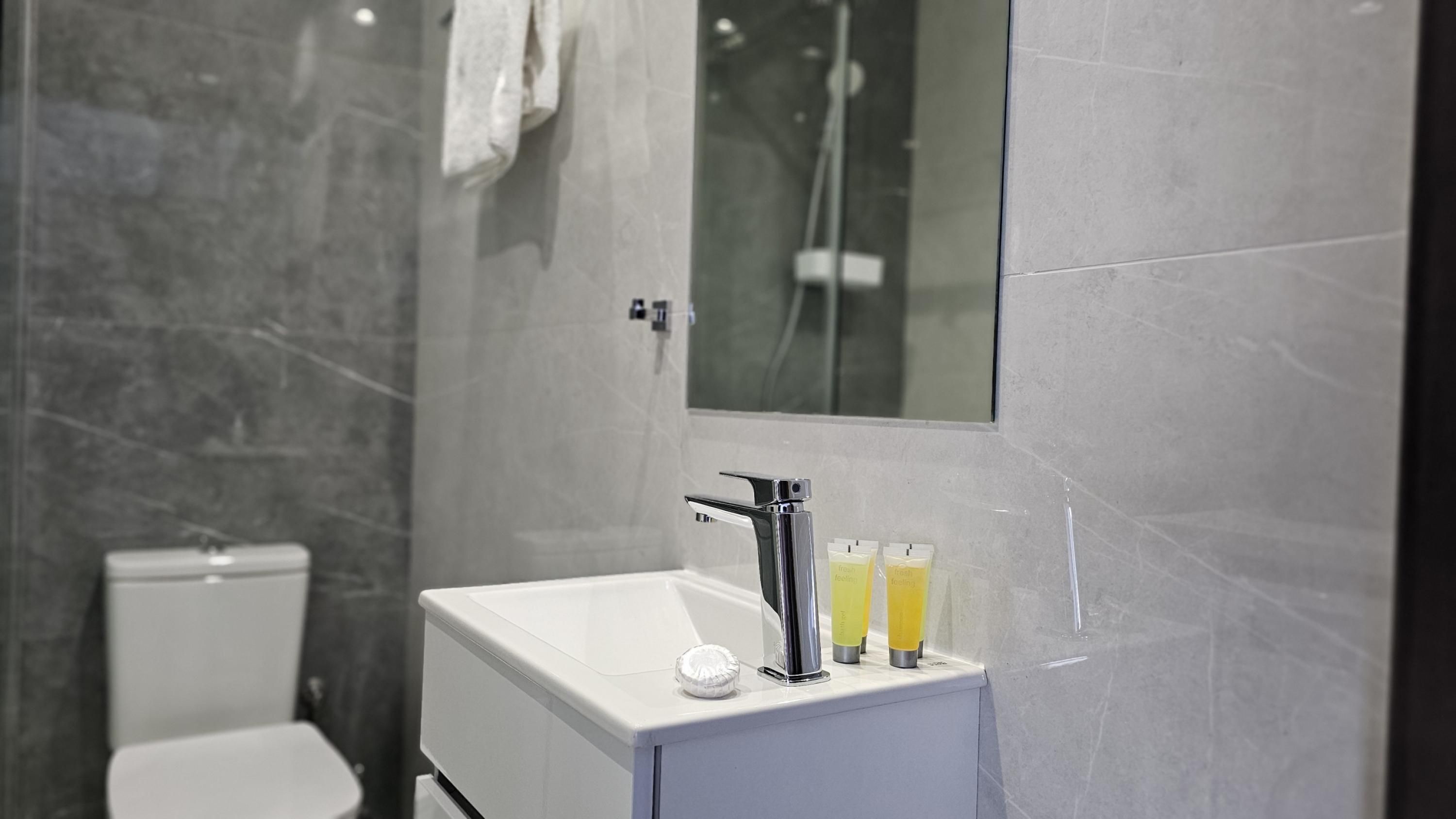 Un baño moderno con un lavamanos blanco, grifo cromado y dos botellas de jabón líquido.