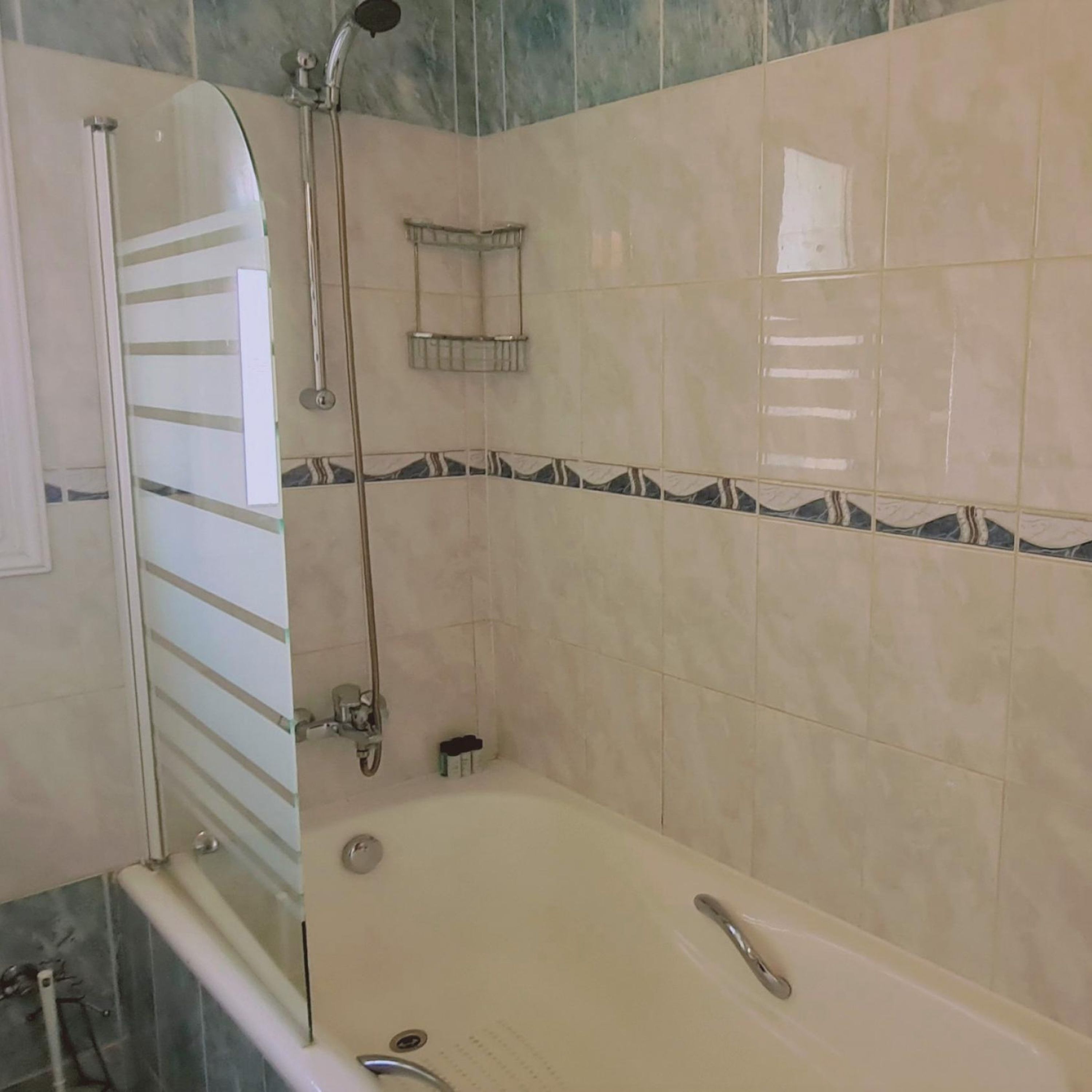 Ein Badezimmer mit Badewanne, einer Duschkabine aus Glas und einer mit Dekor versehenen Fliesenwand.
