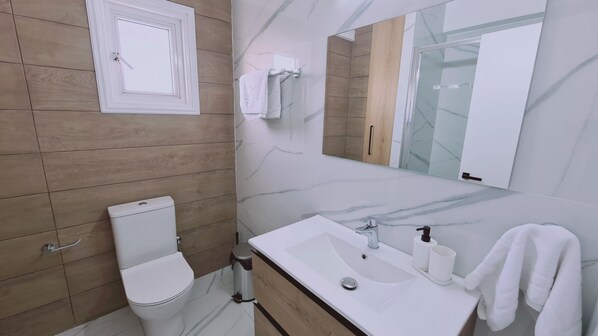 A bathroom with a toilet, sink, and mirror.