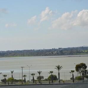 A waterfront view with a road lined with palm trees and street lamps. - 69 LCA - Stay Sea and Salt Lake Panoramic View Apt (Larnaca)