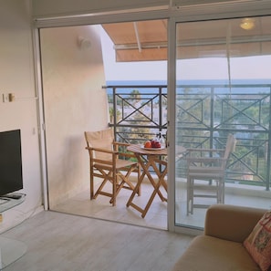 A balcony with a table and chairs, a television, and a sofa.