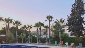 A swimming pool with clear blue water, surrounded by palm trees and lounge chairs. - 99 LIM - Stay Almeria Apartment (Limassol)