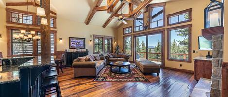 Televisión, chimenea y oficina