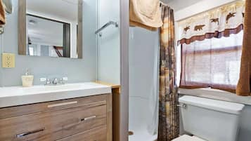 Un bagno con doccia, WC, mobile lavabo con cassetti e uno specchio.