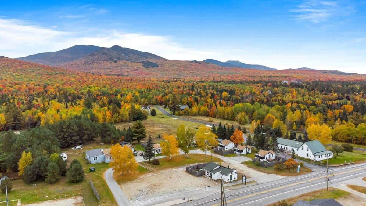A residential area with houses, a road, and a mountain in the background.