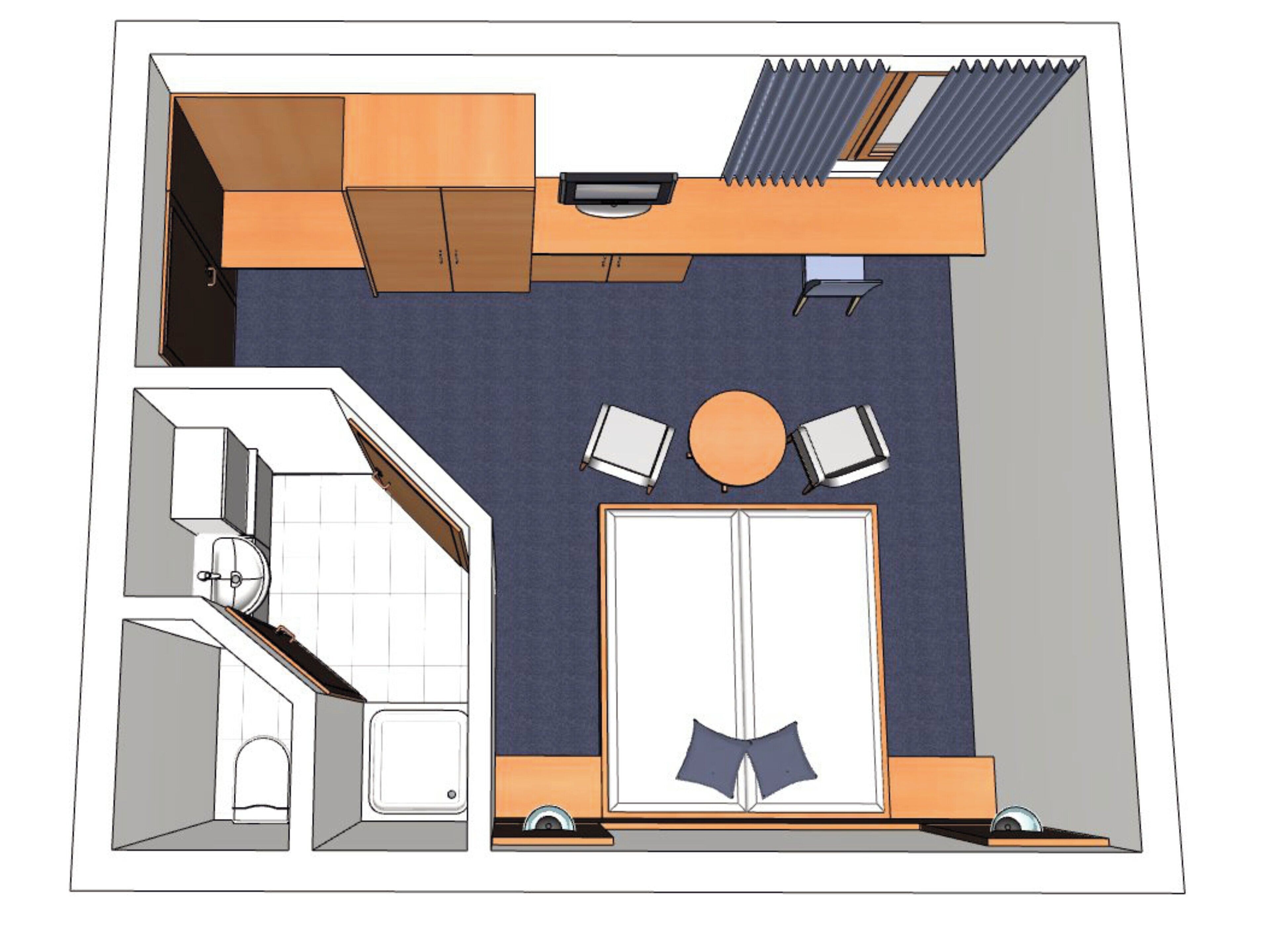 Distribución de una habitación de hotel con cama, escritorio, silla, mesita y armario.