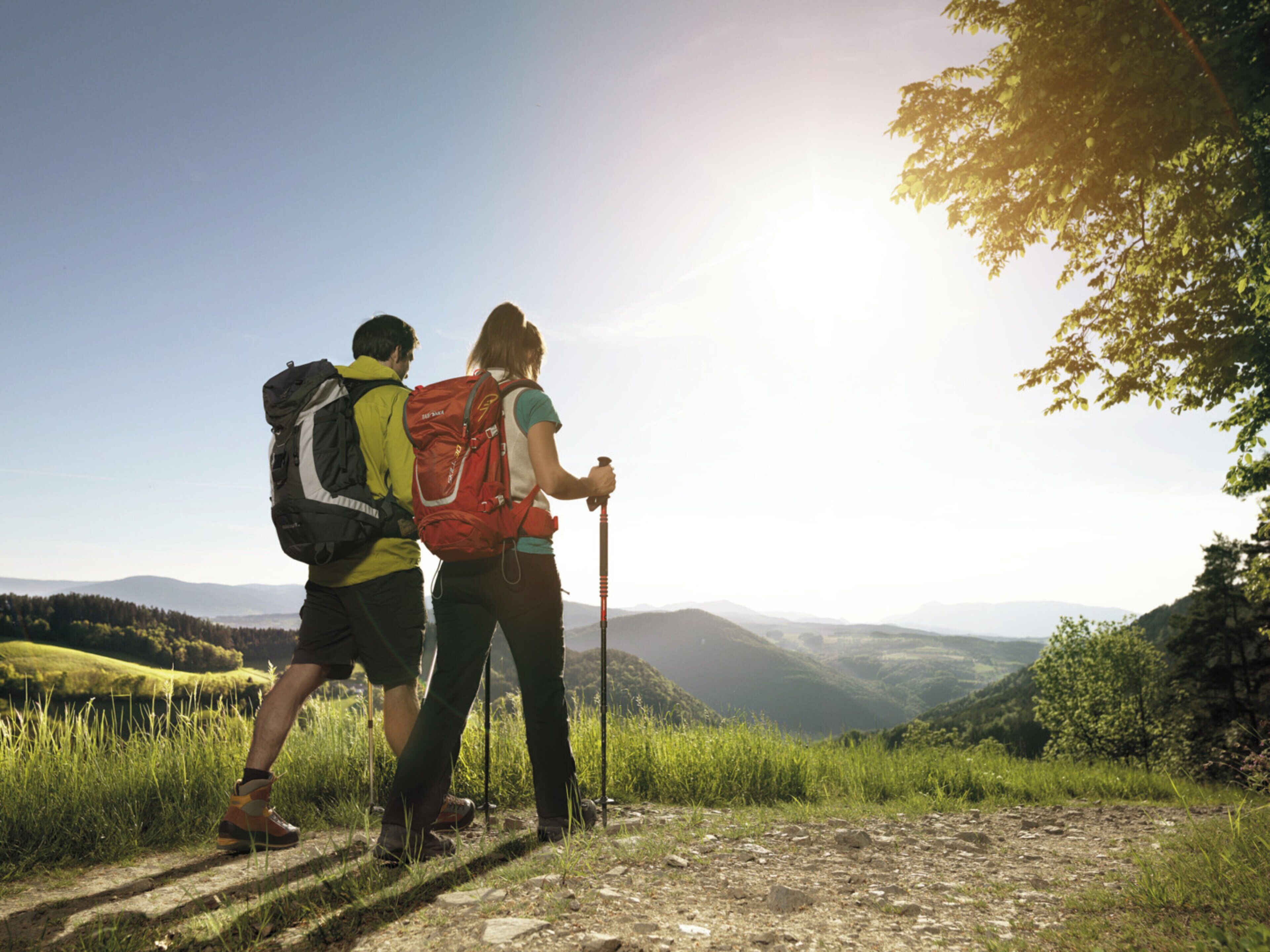 A couple hiking on a mountain trail with a clear sky and distant mountains.
