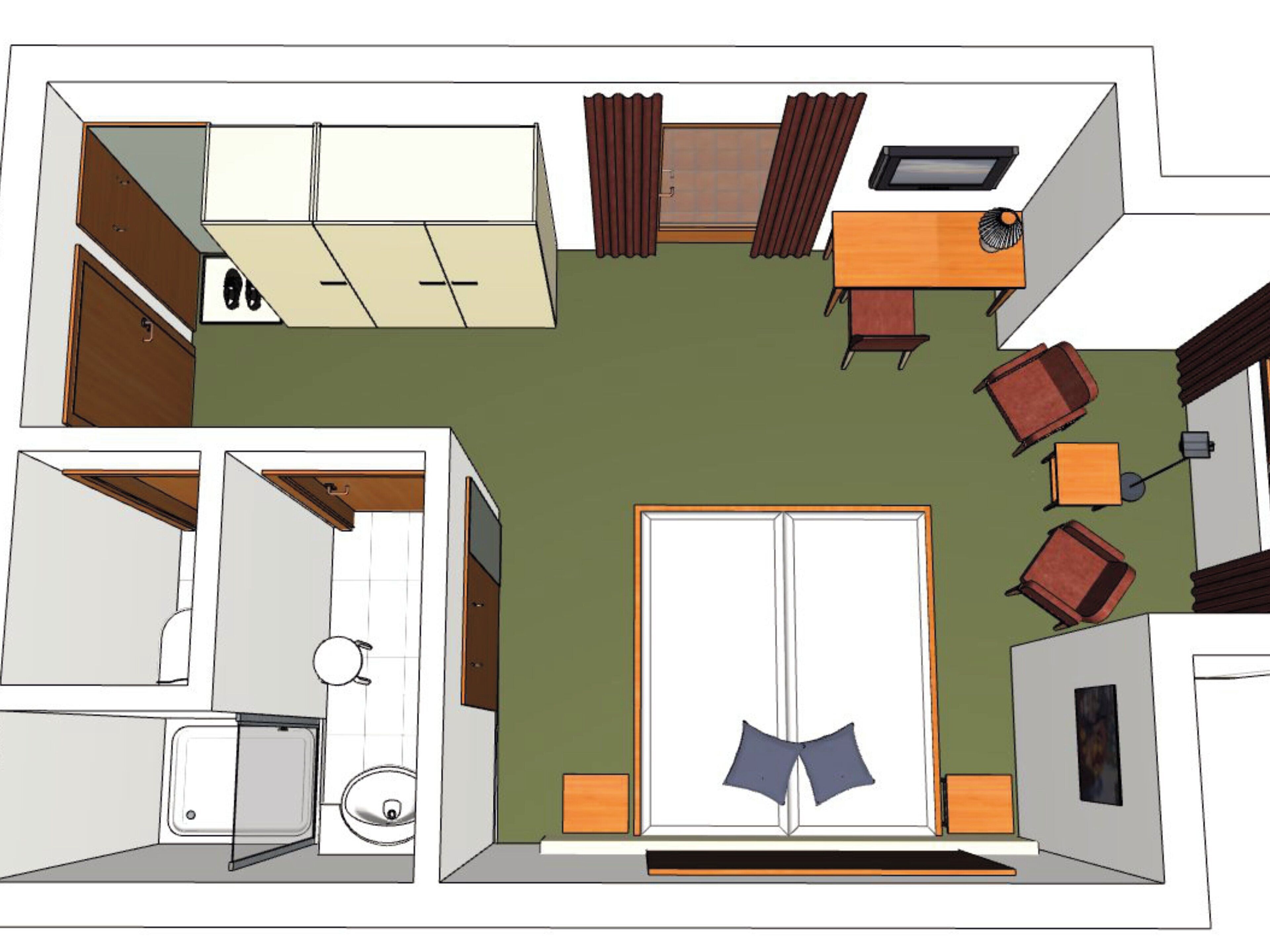 Distribución de una habitación de hotel con cama, escritorio, silla, televisor, armario y baño.