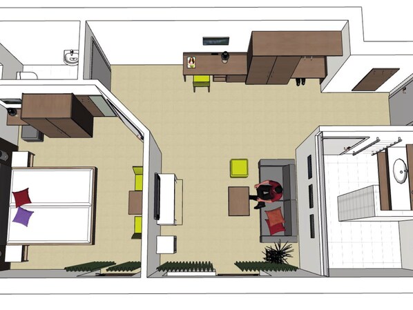Un apartamento de dos habitaciones con sala de estar, comedor y pequeña cocina.