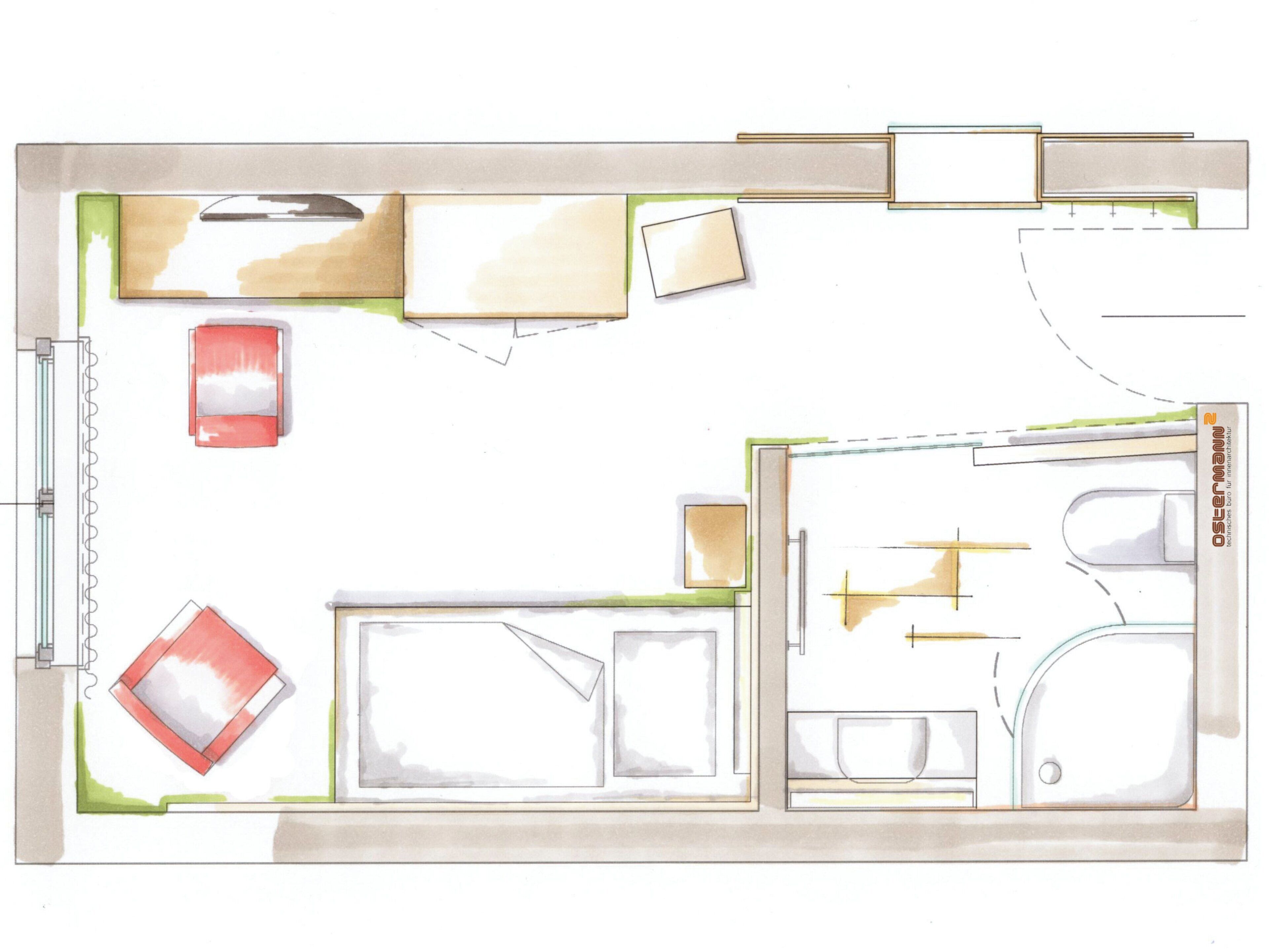 A floor plan of a hotel room with a bed, a desk, a chair, a window, and a bathroom.