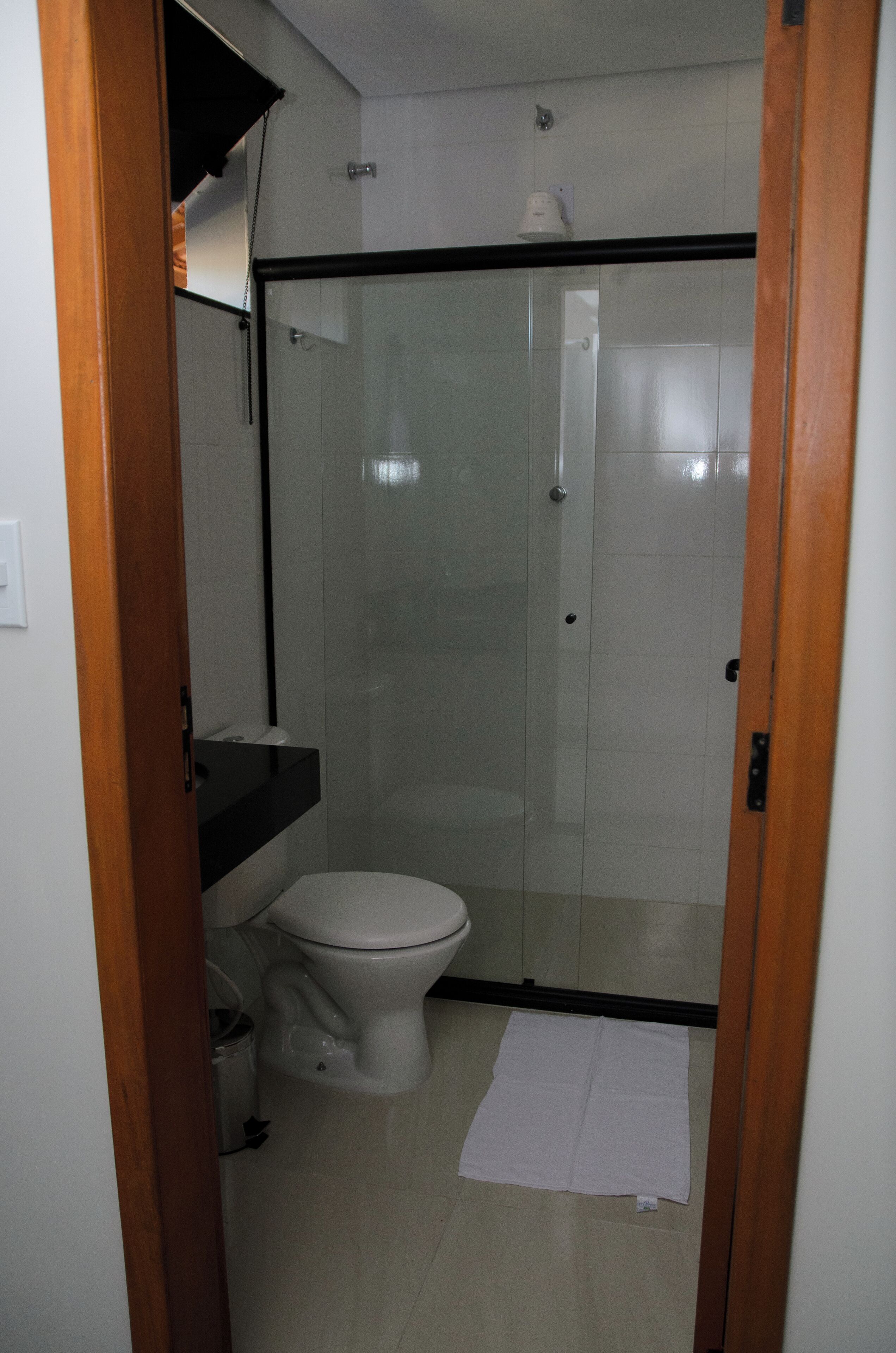 Un baño con ducha de mampara de vidrio, inodoro y lavamanos.