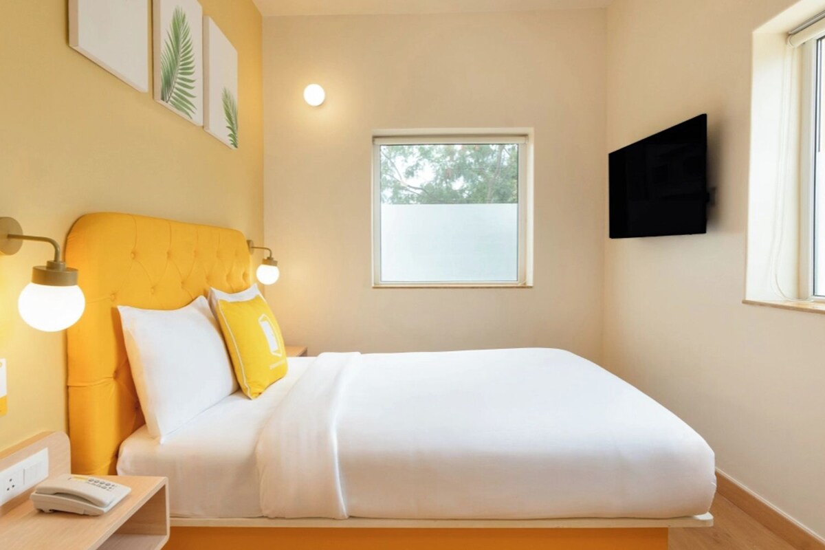 Un lit simple avec une tête de lit, une table de chevet avec un téléphone et une fenêtre donnant sur des arbres.