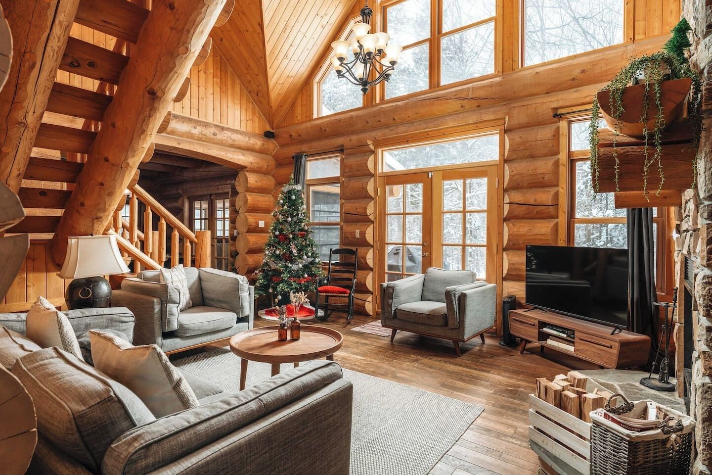 Télévision, cheminée, chaîne hi-fi