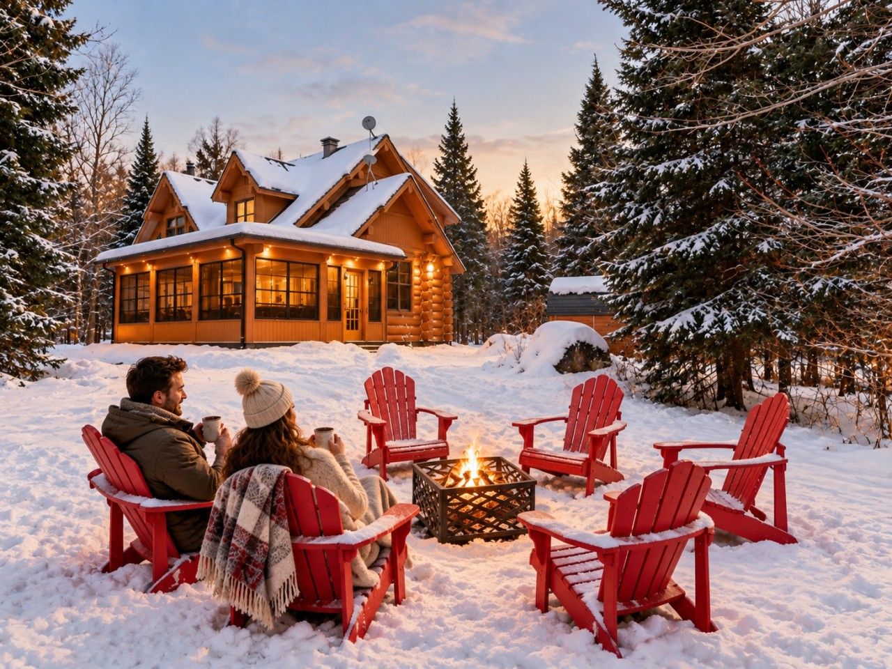 A log cabin with a fire pit and red Adirondack chairs in a snowy setting.