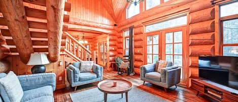 Televisión, chimenea, estéreo