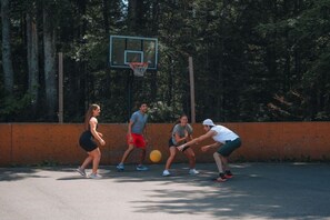 Una cancha de baloncesto al aire libre con un aro, rodeada de árboles.