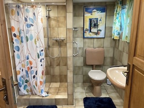 Hair dryer, towels, soap, toilet paper