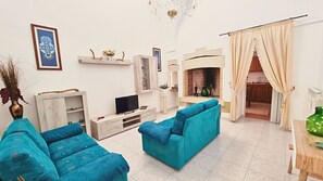 TV, fireplace, books