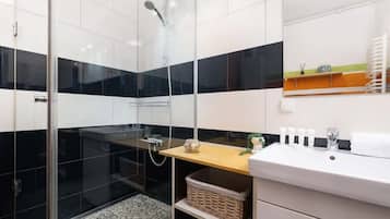 Douche, séchoir à cheveux, serviettes fournies