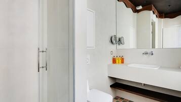 Regadera, secadora de cabello, toallas