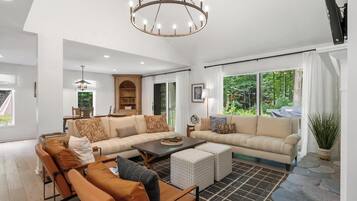 Smart TV, fireplace, foosball