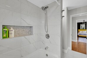 Hair dryer, towels, soap, shampoo