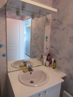 Une salle de bain avec un double lavabo, un grand miroir et des articles de toilette posés sur le comptoir.