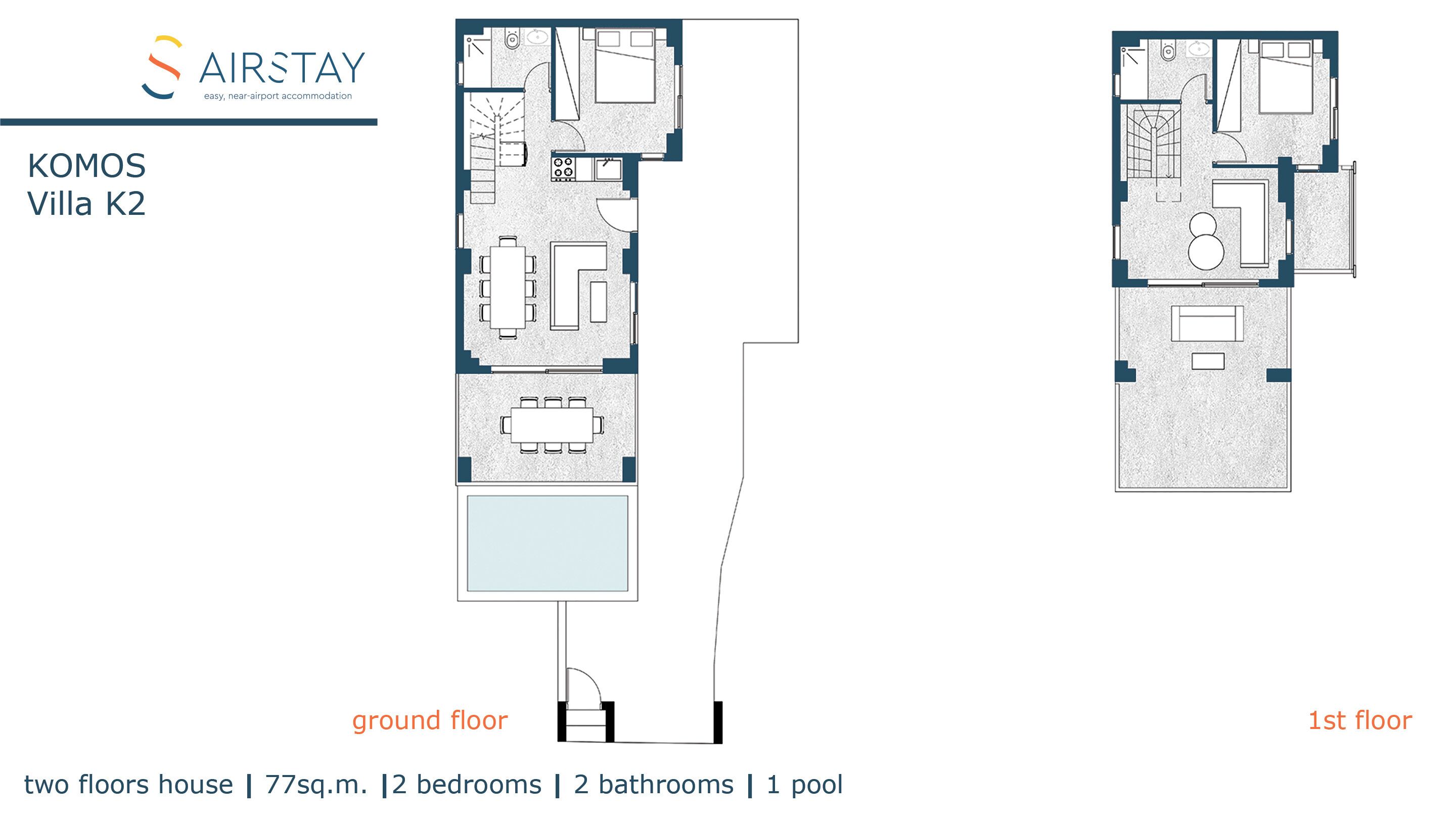 Ein zweistöckiges Haus mit 2 Schlafzimmern und 2 Badezimmern, inklusive Pool.
