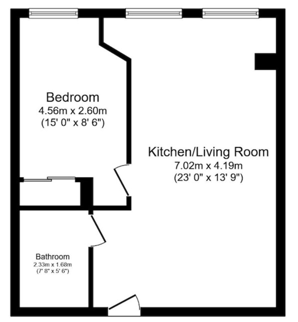 A floor plan with a bedroom measuring 4.56m x 2.60m, a kitchen/living room measuring 7.02m x 4.19m, and a bathroom measuring 2.33m x 1.68m. - Modern Comfort: Seven Stays Broadoaks (Solihull)