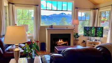 Smart-TV, Kamin, Videospiele, Bücher