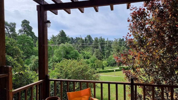 A wooden balcony with a view of a lush garden and trees. - Maisonette With Garden Under the Elani Pines (Kassandra)