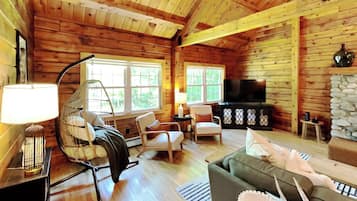 Smart TV, fireplace, DVD player, books