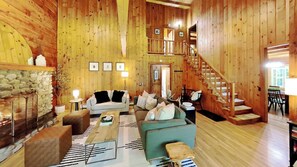 Smart TV, fireplace, DVD player, books